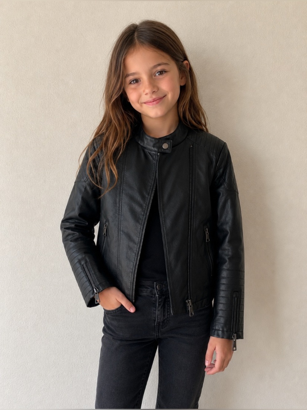 Girl black faux leather asymmetric moto biker jacket.